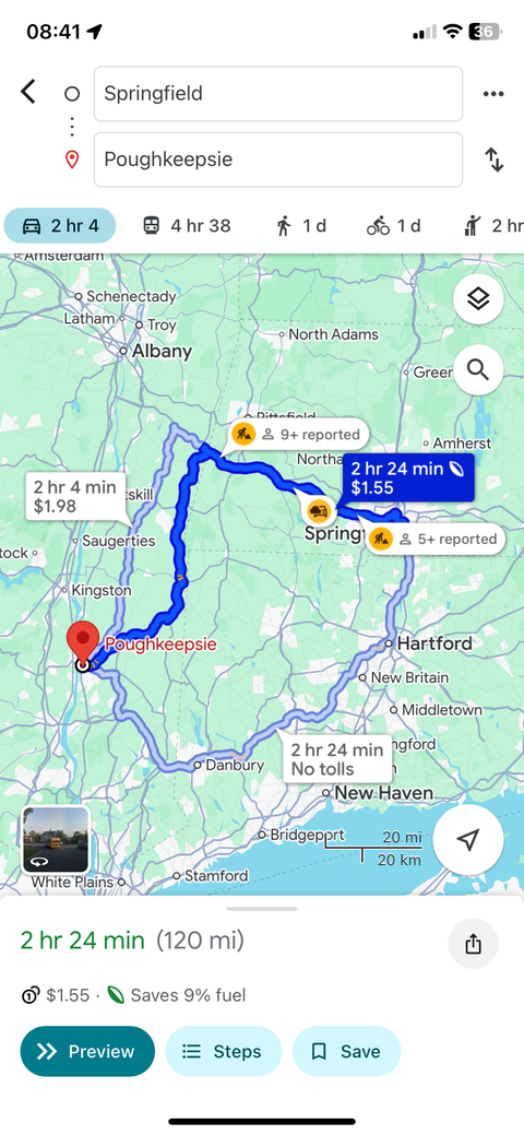 Google Maps показывает самый экономный гибридный маршрут между Springfield MA и Poughkeepsie NY