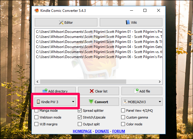 Настройка параметров конвертации для Kindle
