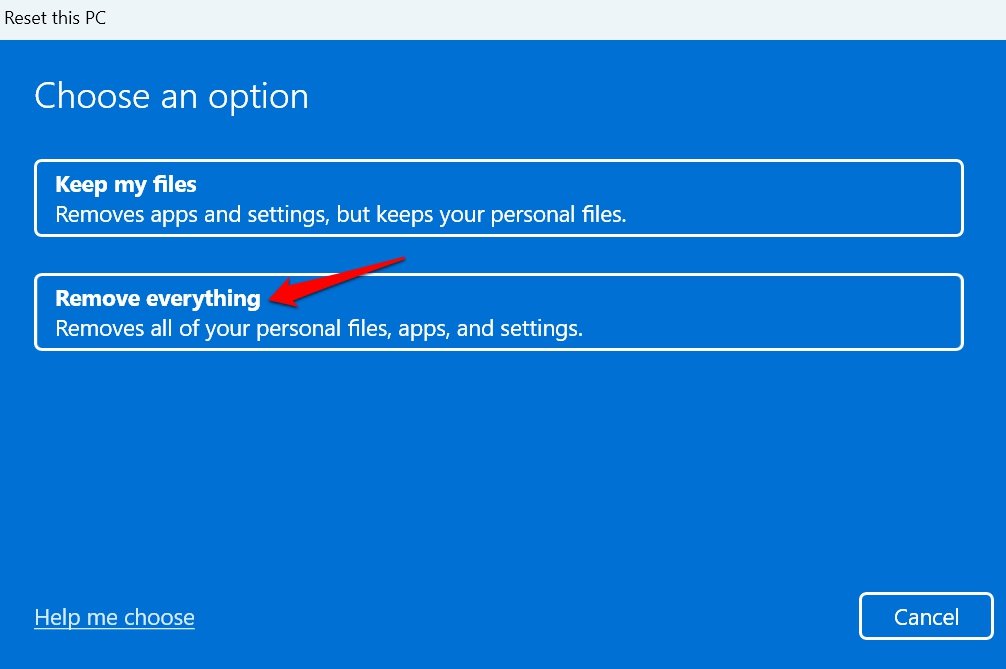 Выбор опций сброса Windows 11