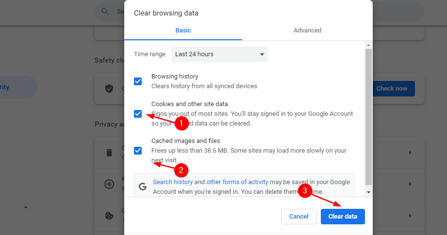 Диалог очистки истории и cookies в браузере
