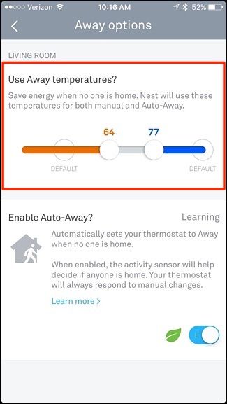 Установите минимальную и максимальную температуру в режиме Away