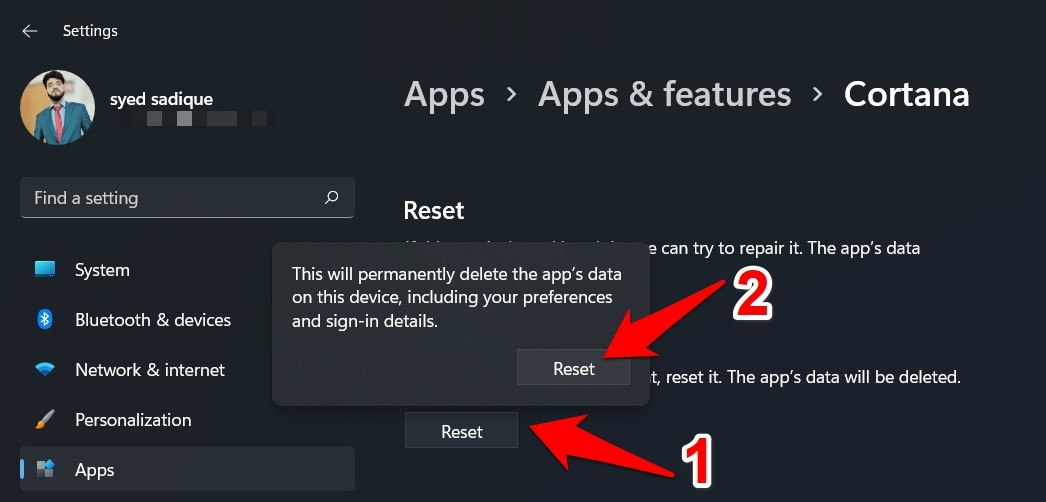 сброс приложения Windows 11