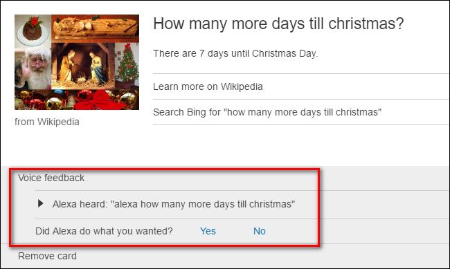 Скриншот карточки в приложении Alexa с распознаванием голоса