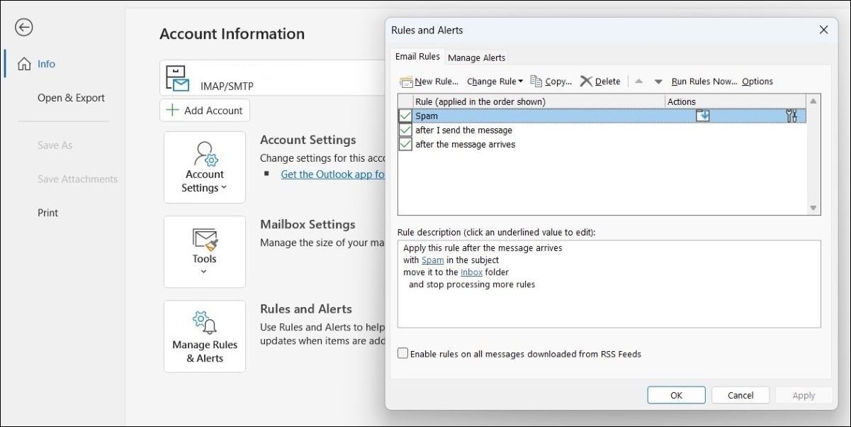 Управление правилами Outlook