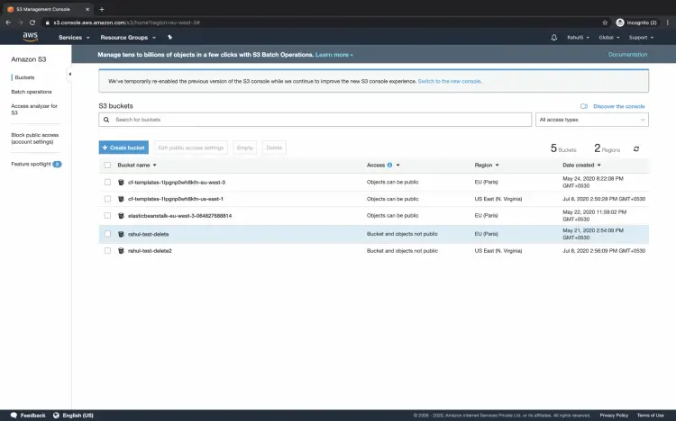 Панель S3 с перечнем бакетов
