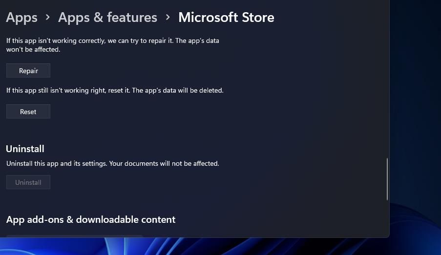 Кнопки Repair и Reset