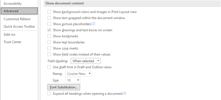 Параметр Показать закладки в Microsoft Word