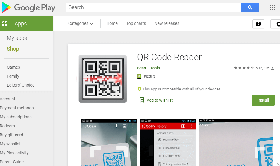 Страница приложения QR Code Reader в Google Play