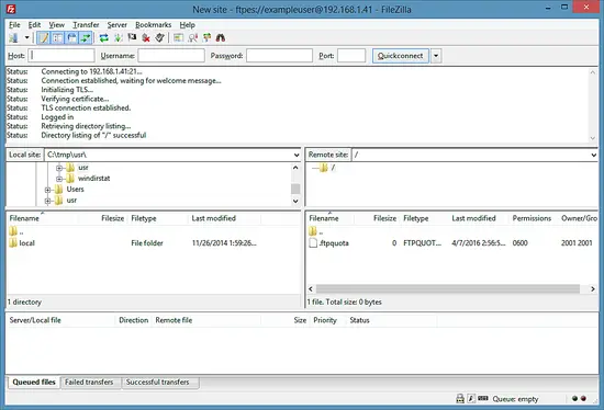 Успешный вход в FileZilla по TLS.