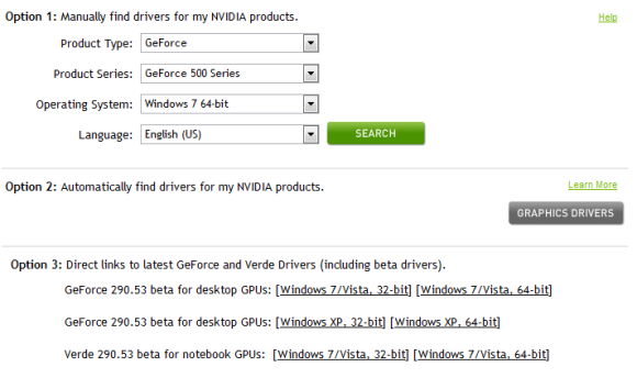 окно выбора на сайте NVIDIA с опциями автоматического и ручного поиска