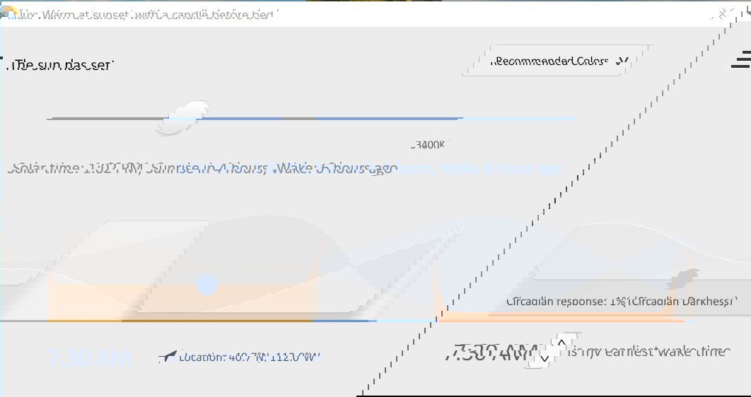 Интерфейс приложения F.lux с настройками цвета и времени