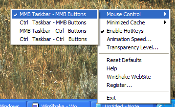 Настройки WinShake: меню трея и параметры прозрачности и анимации