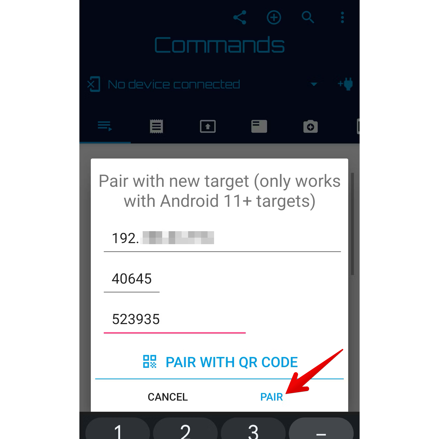 Bugjaeger: экран спаривания устройства с полями для IP, порта и кода