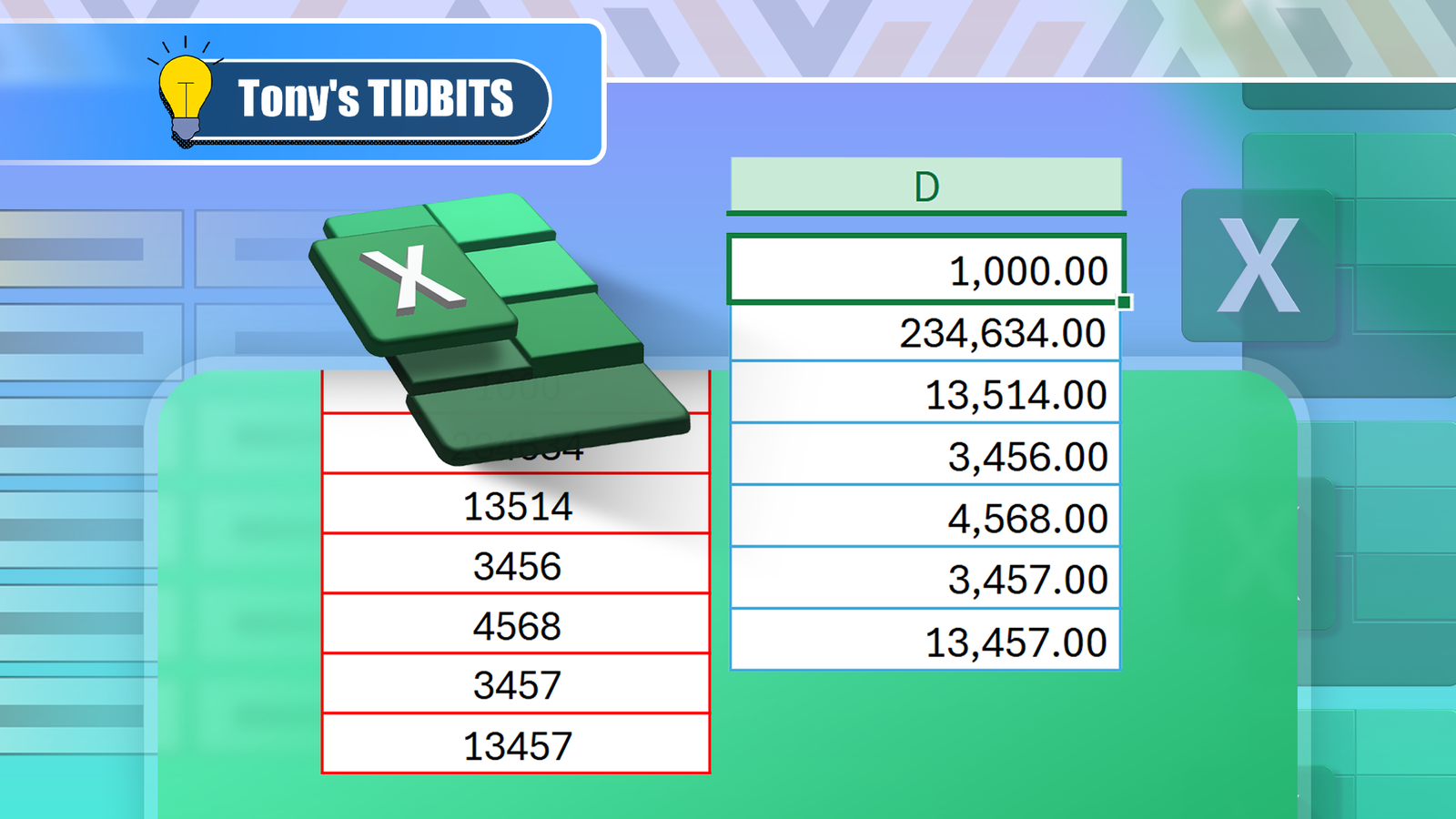 Illustrazione che mostra due colonne Excel affiancate; una con numeri semplici e l'altra con separatori delle migliaia applicati.