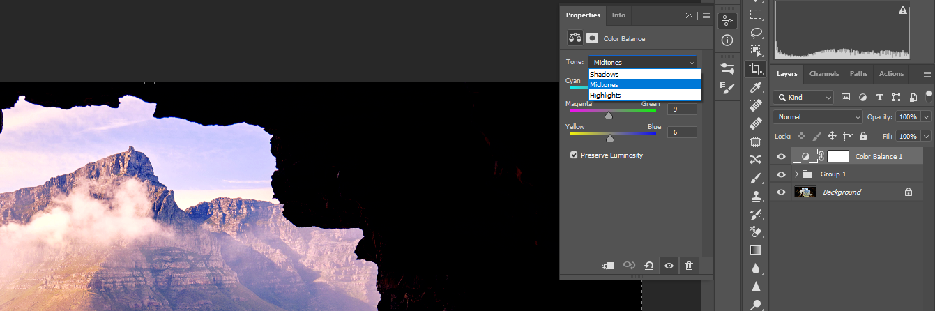Панель Color Balance с настройками
