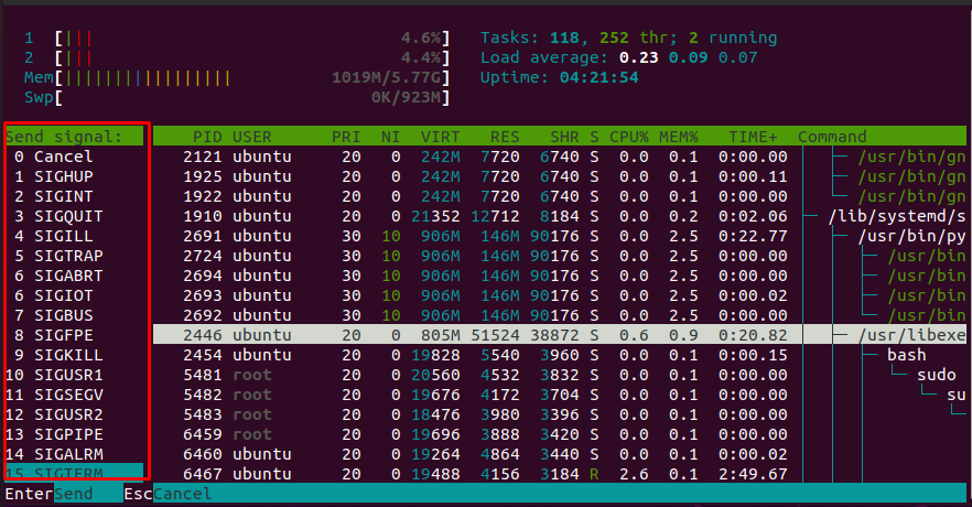 Выбор сигнала для kill в htop