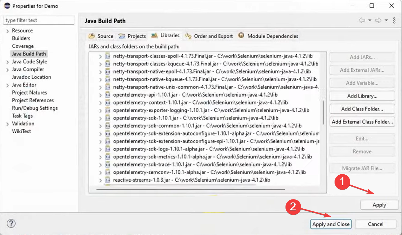 Применение изменений Build Path
