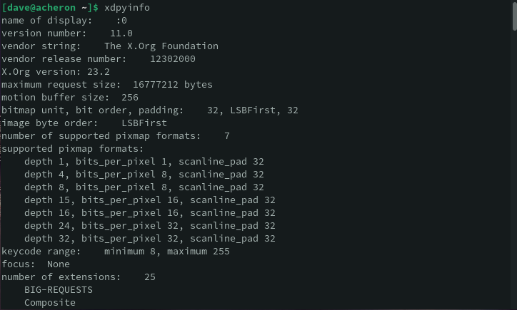 Стандартный вывод команды xdpyinfo