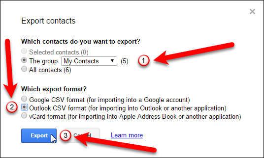 Диалог экспорта контактов из Google