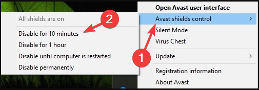 Пример отключения щитов Avast в трее