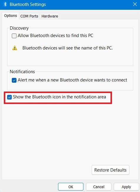 Показать значок Bluetooth в области уведомлений. Включите опцию. 