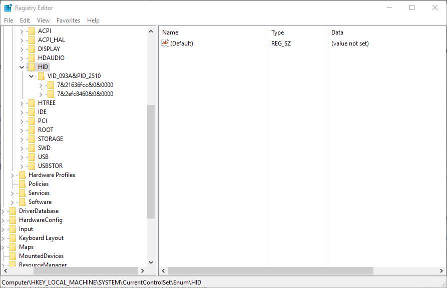 Путь в реестре к ветке с HID-устройствами