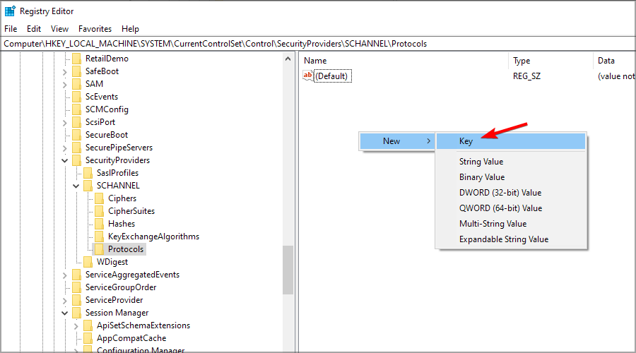 Создание нового ключа реестра