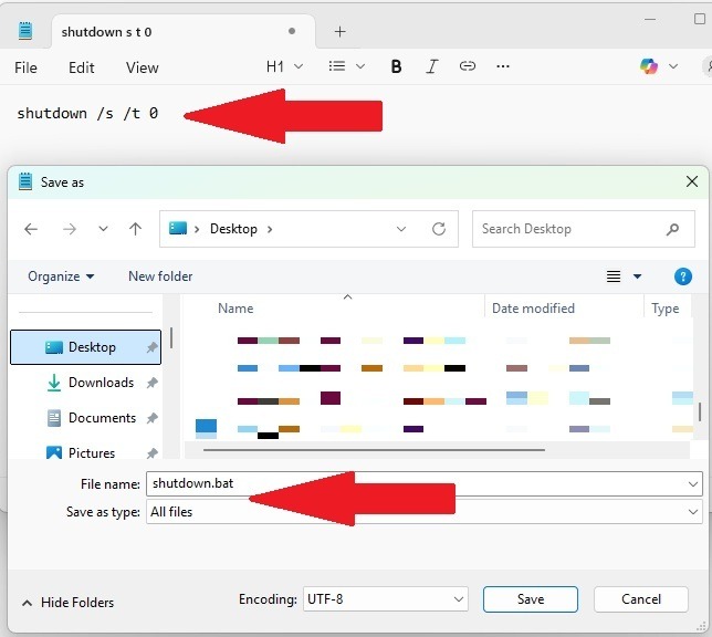 Создание скрипта выключения Windows в Блокноте.