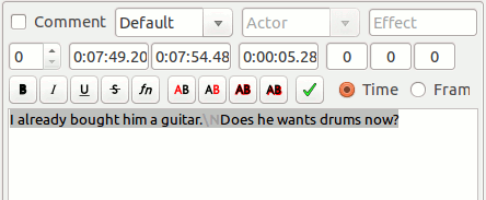 Окно редактирования субтитра с панелью свойств шрифта
