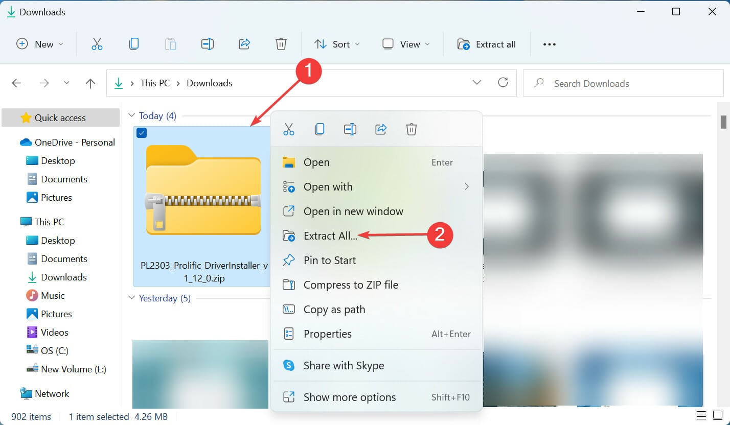Контекстное меню файла ZIP — извлечь всё