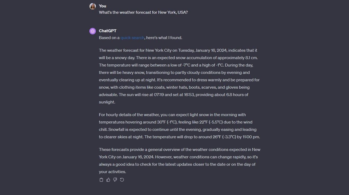 Ответ ChatGPT на запрос прогноза погоды с использованием Bing.