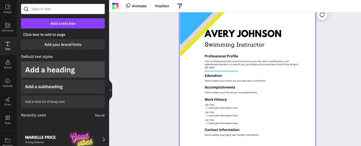 View of different text option in Canva's Editor page