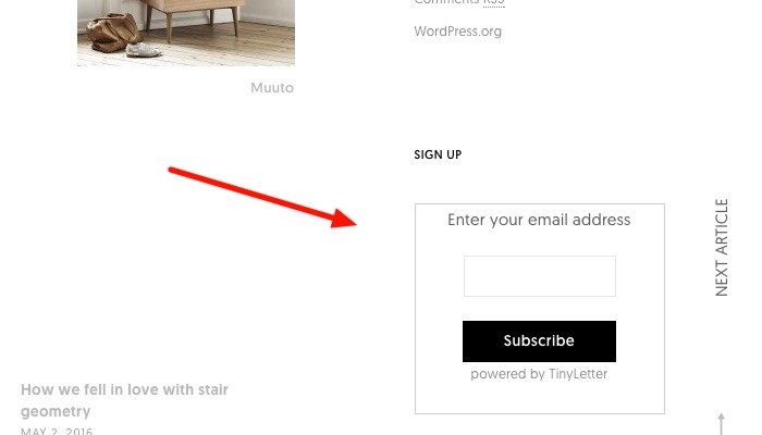 Готовая форма подписки TinyLetter в виджете сайта