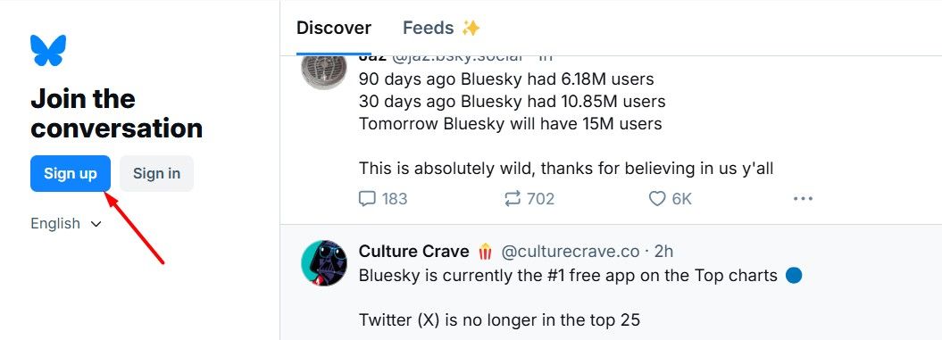 Кнопка регистрации (Sign Up) в левом меню Bluesky.