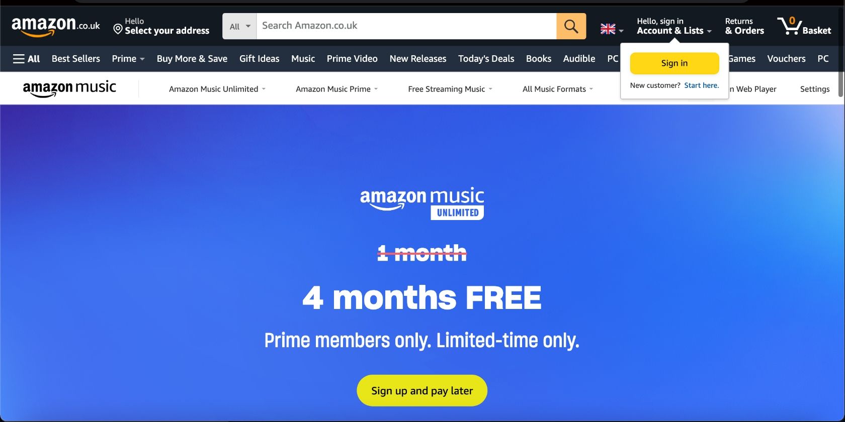 Screenshot of Amazon Music Unlimited four-month free trial deal