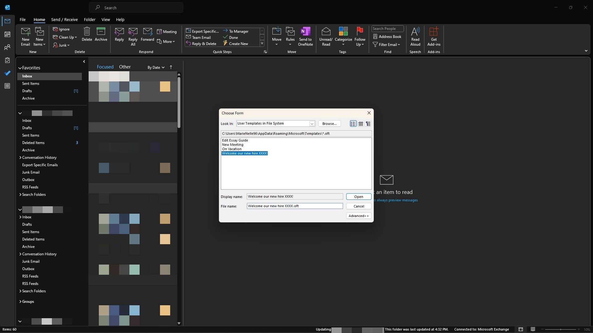 Использование шаблона в Outlook на рабочем столе