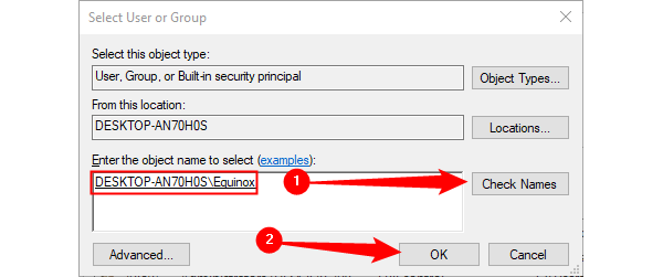 Введите часть имени учётной записи, нажмите «Проверить имена», затем «ОК».
