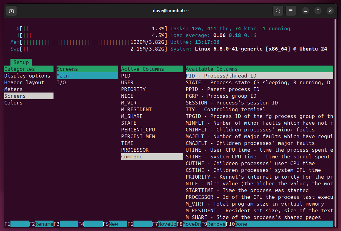 Экран настройки столбцов процессов.