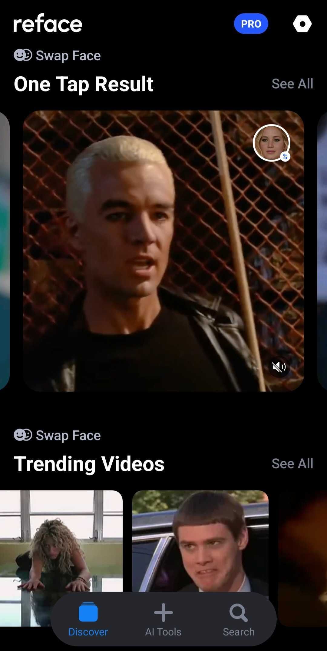 скриншот выбора шаблона Reface с мультяшным персонажем