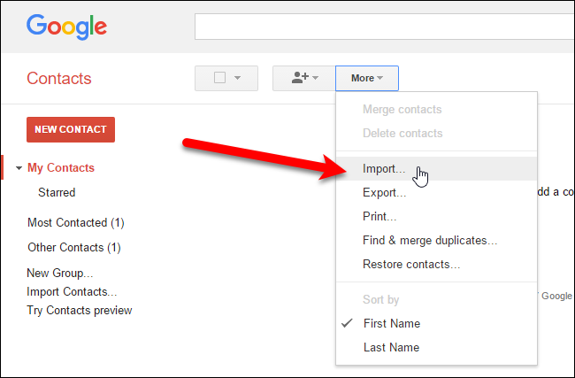 Выбор команды Импорт в Google Контактах