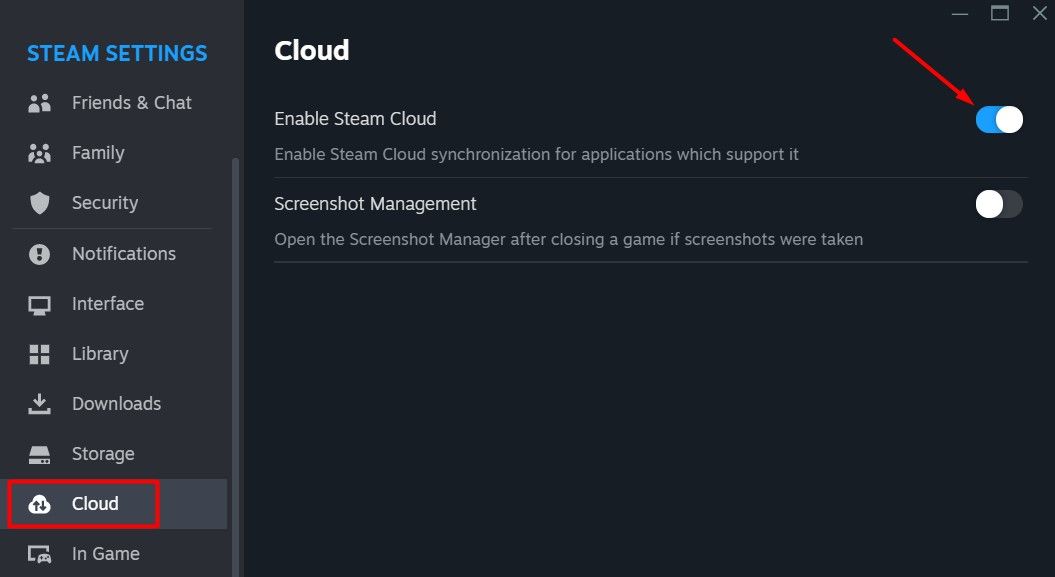 Переключатель включения Steam Cloud в настройках