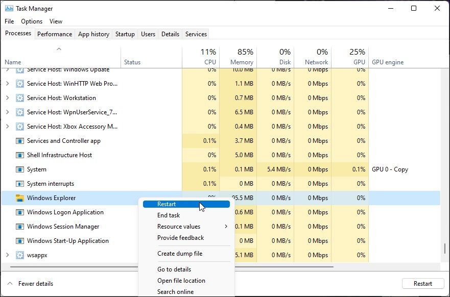 Перезапуск Windows Explorer в Диспетчере задач