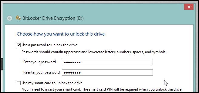 Форма ввода пароля для шифрования USB‑накопителя