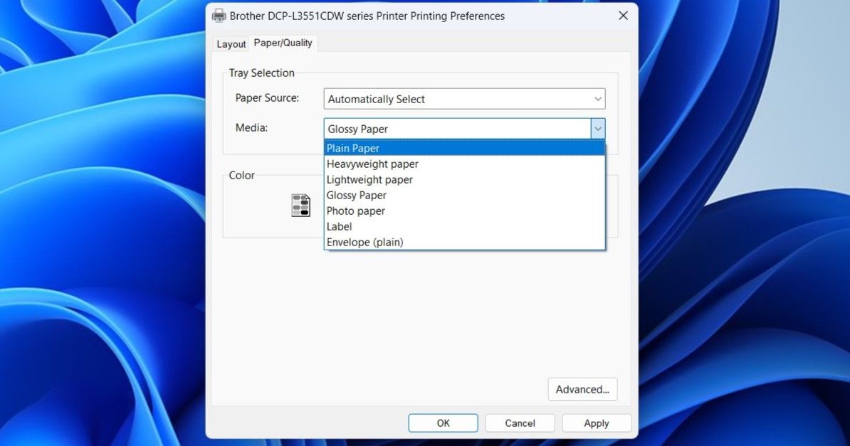 Выбор типа бумаги в Windows