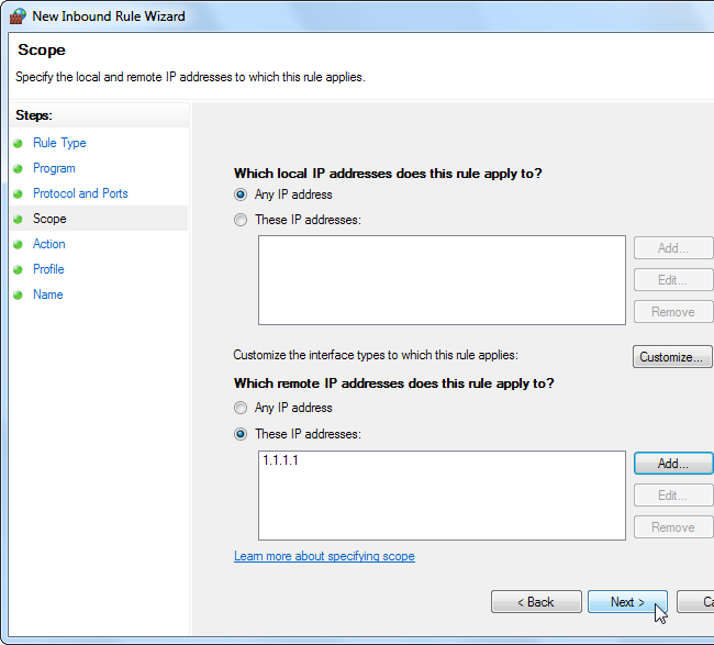 Ограничение удалённых IP-адресов в диапазоне