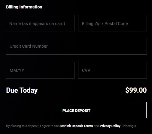 Ввод платёжных данных и размещение депозита для предзаказа Starlink