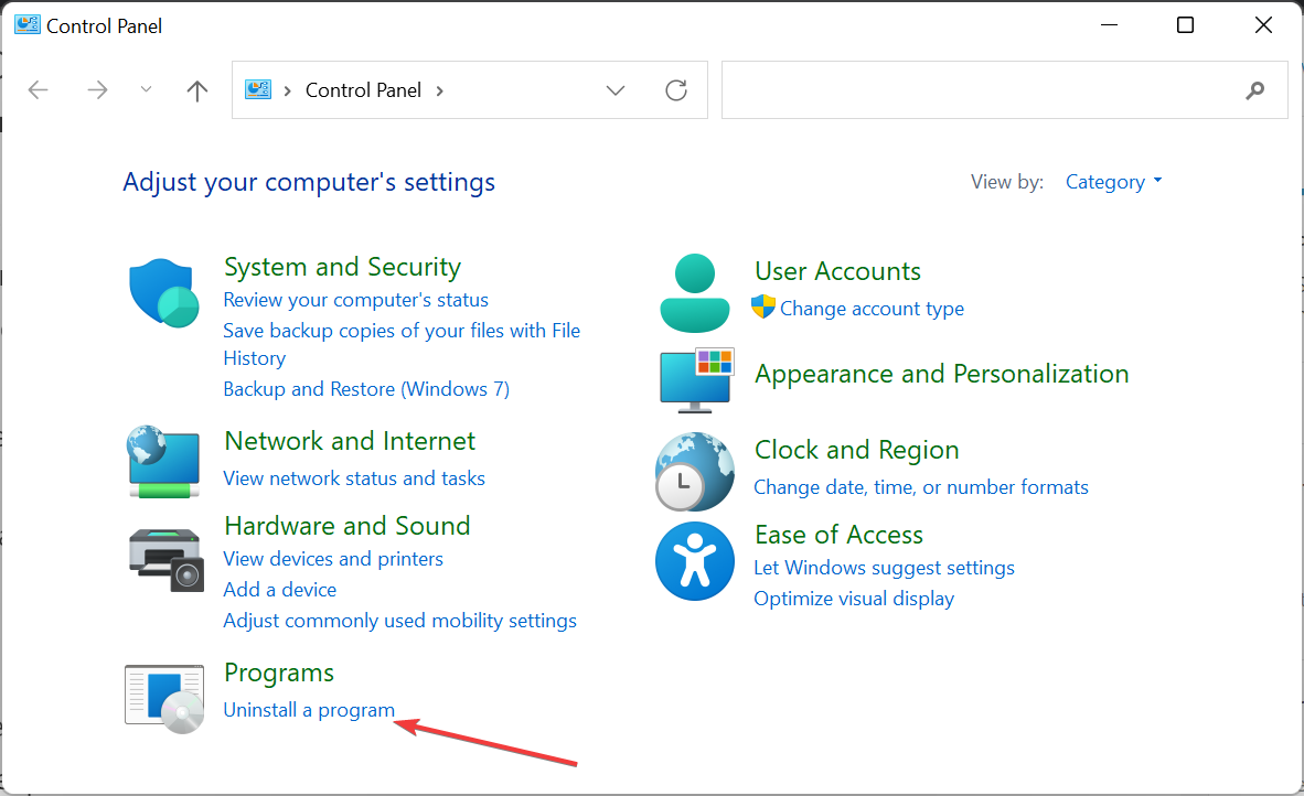 Opzione Disinstalla un programma nel Pannello di controllo