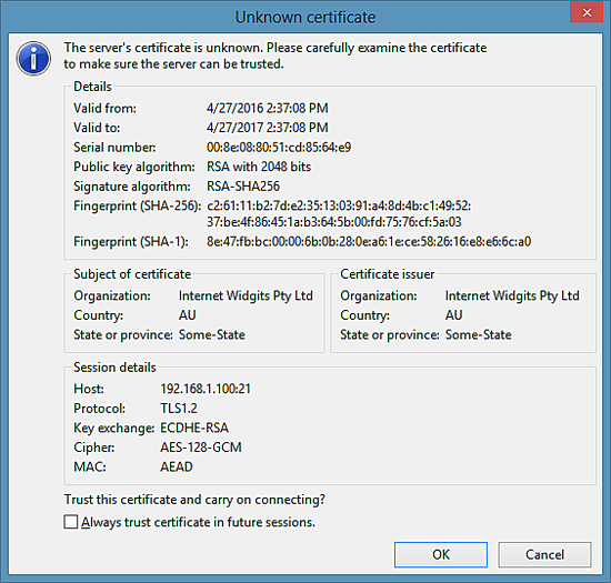 Подтверждение нового SSL-сертификата сервера в FileZilla.