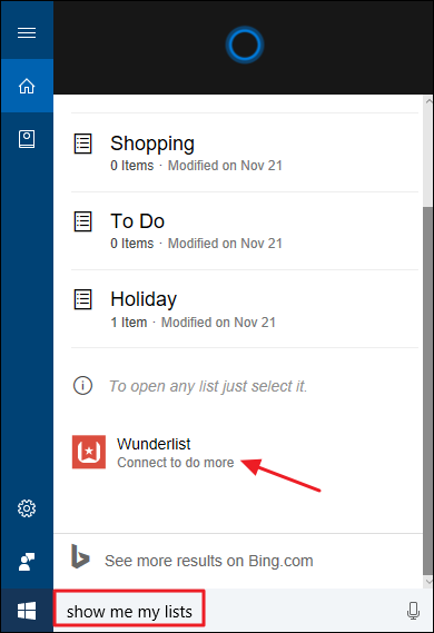 Кнопка подключения Wunderlist в интерфейсе списков Cortana