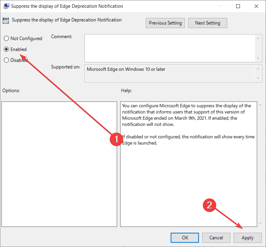 Окно политики «Suppress the display of Edge Deprecation Notification» с опцией «Включено»